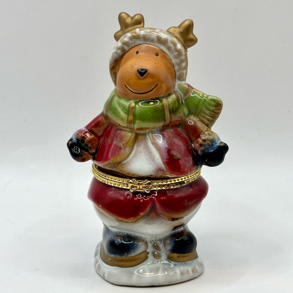 Porcelain Limoge Box Christmas Hinged Trinket Santa Reindeer Teddy Bear 4.5”